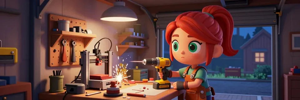 A red-haired mechanic holds a power drill at a garage workbench.