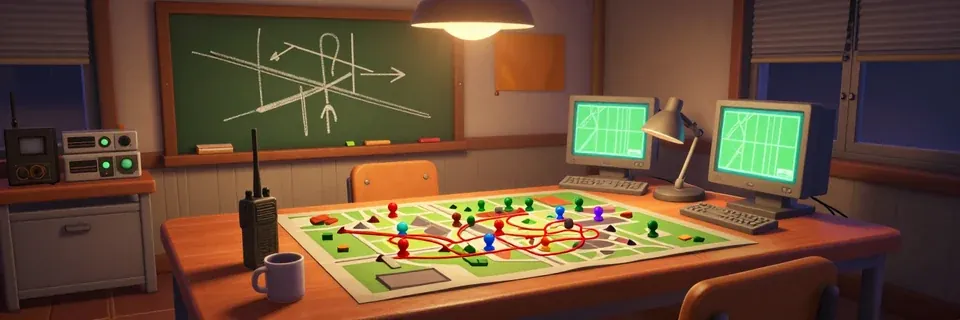 A map table with coloured pins, a walkie-talkie and two old computer monitors under a lamp.