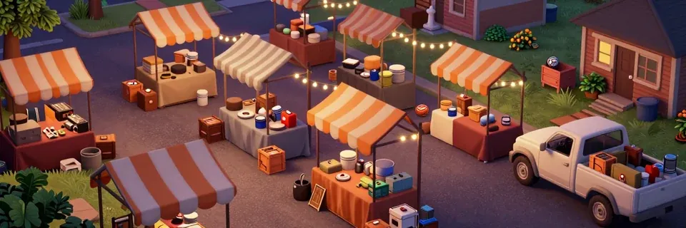 Flea-market stalls with striped awnings and string lights on a suburban street.
