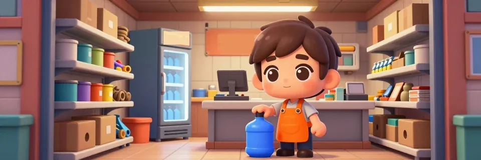 A corner shop: the shopkeeper in an orange apron behind a grey counter, a fridge of blue water jugs beside him.